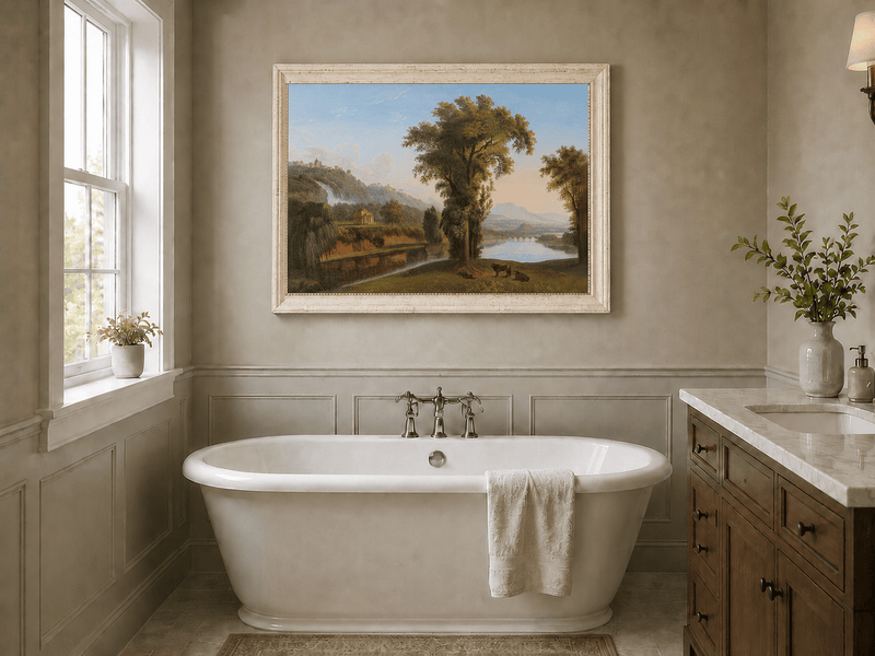 Landscape Oil Painting - Valley Waterfall & Temple Grazing Cattle