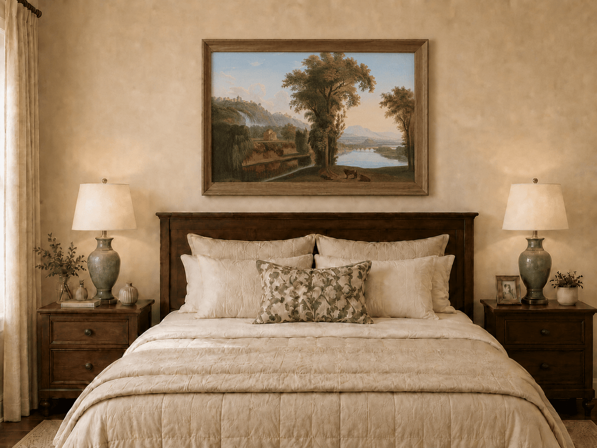 Landscape Oil Painting - Valley Waterfall & Temple Grazing Cattle