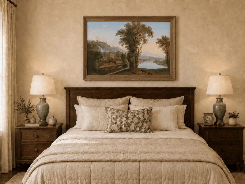 Landscape Oil Painting - Valley Waterfall & Temple Grazing Cattle