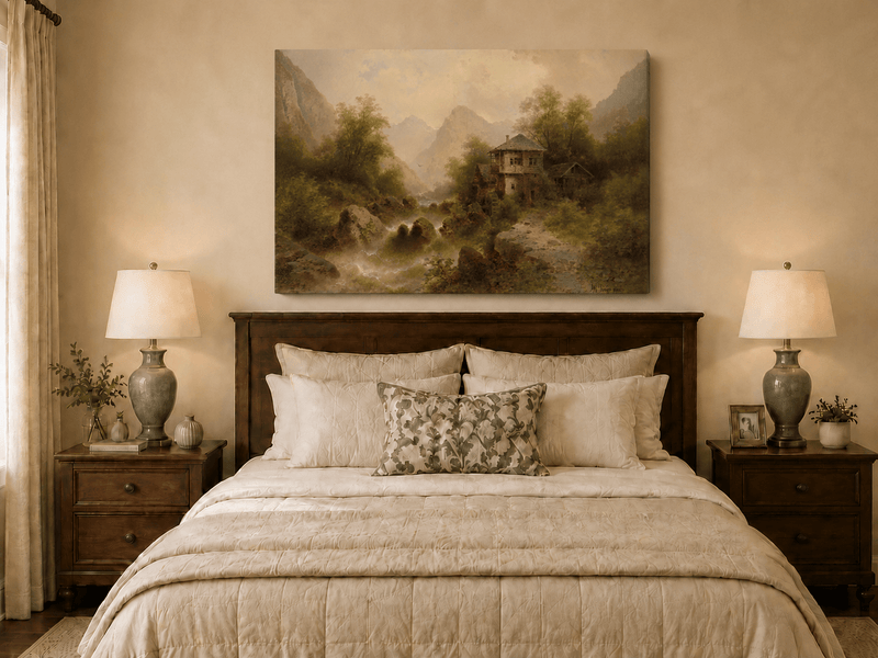 Landscape Oil Painting - Valley Watermill, Cottage & Mountain