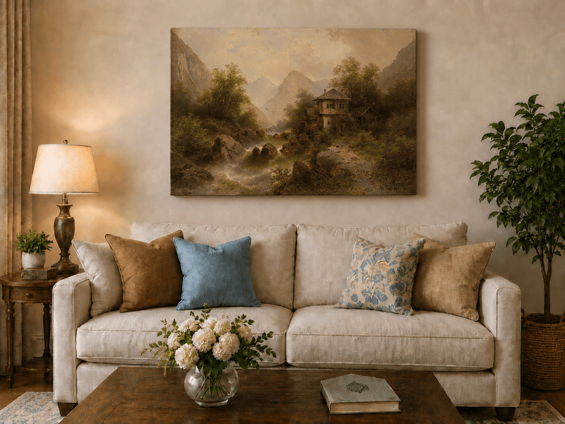 Landscape Oil Painting - Valley Watermill, Cottage & Mountain