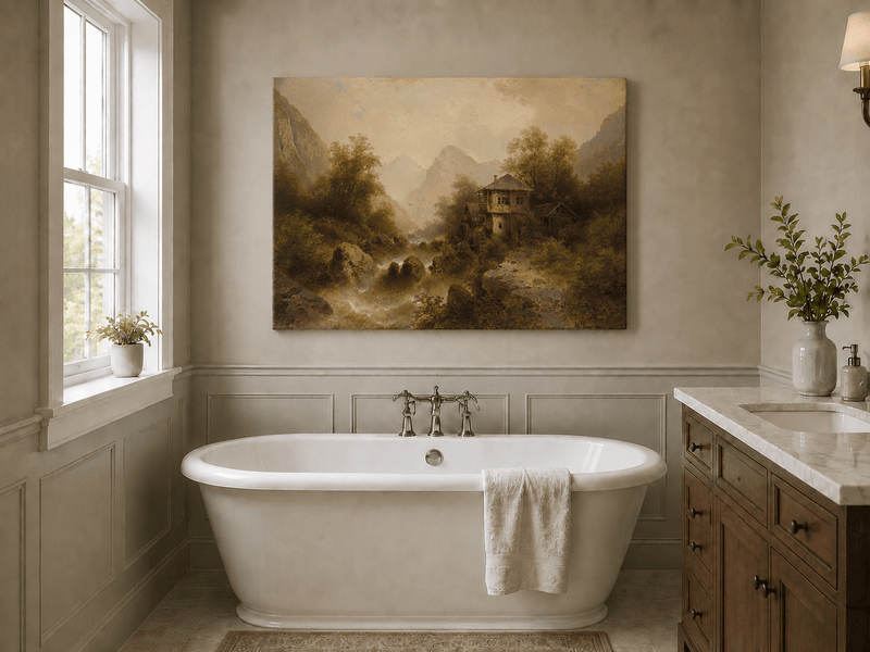 Landscape Oil Painting - Valley Watermill, Cottage & Mountain