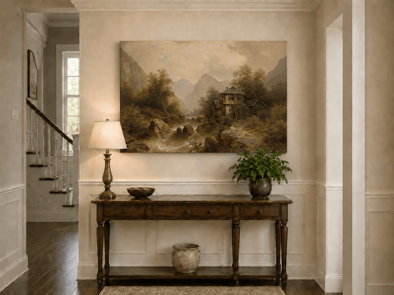 Landscape Oil Painting - Valley Watermill, Cottage & Mountain
