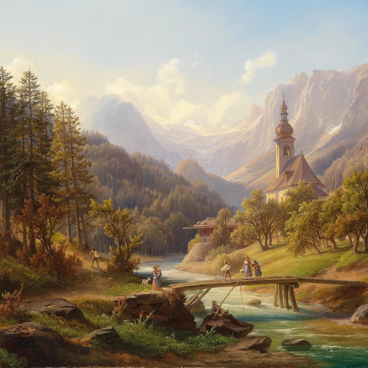 Landscape Oil Painting - Valley with River, Bridge & Church - Oil Painting Haven