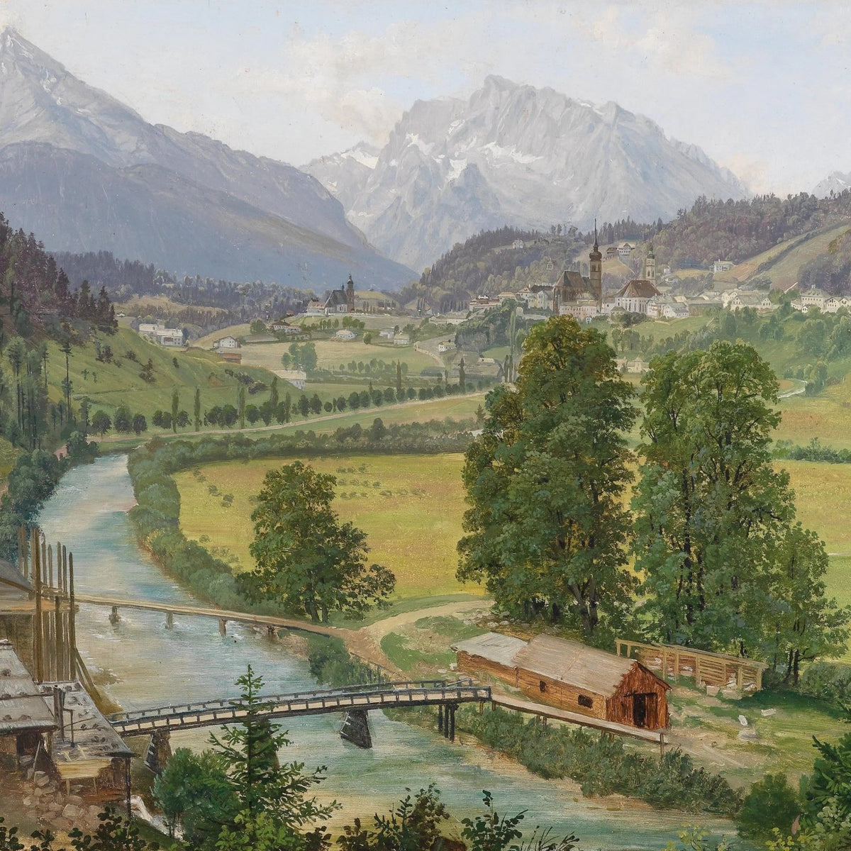Landscape Oil Painting - Valley with River, Bridge & Town - Oil Painting Haven