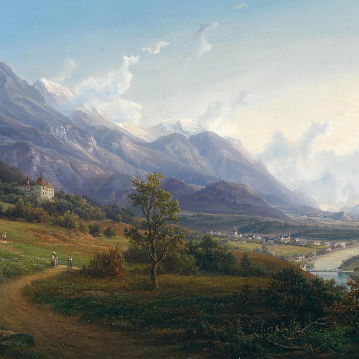 Landscape Oil Painting - Valley with River, Castle & Figures - Oil Painting Haven