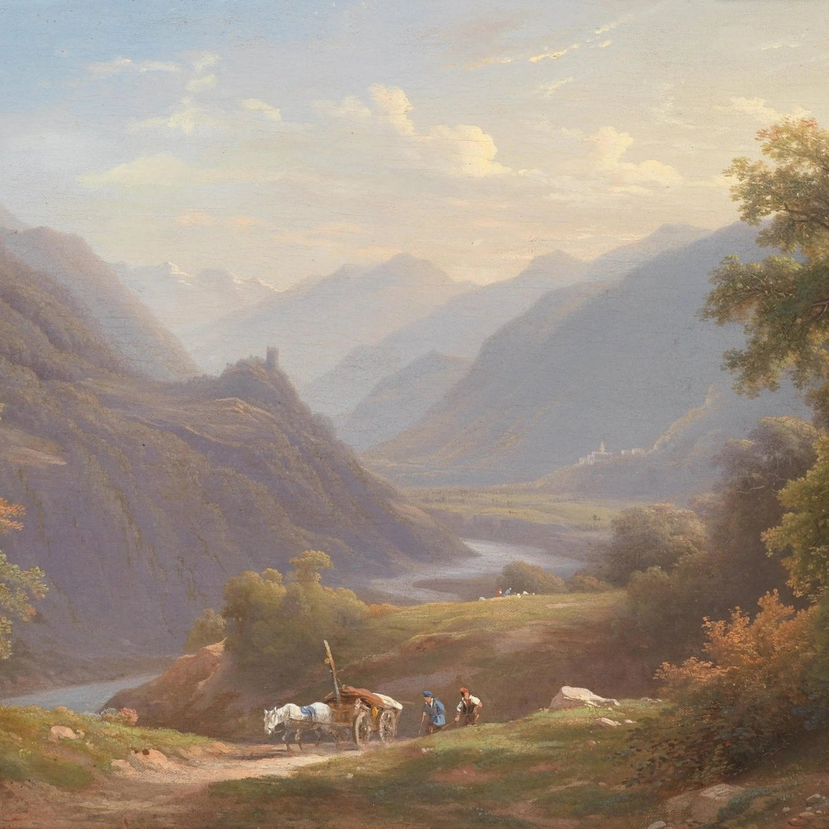 Landscape Oil Painting - Valley with River, Wagon & Figures - Oil Painting Haven