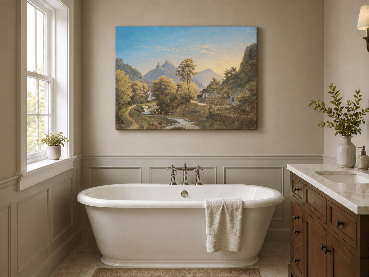Peinture à l'huile de paysage - Vallée avec ruisseau, maisons et château