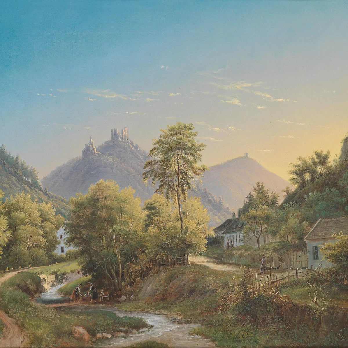 Landscape Oil Painting - Valley with Stream, Houses & Castle - Oil Painting Haven