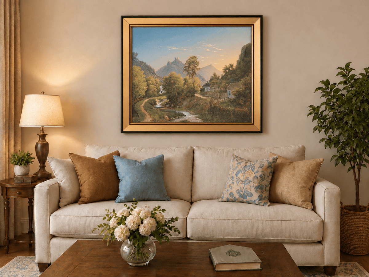 Peinture à l'huile de paysage - Vallée avec ruisseau, maisons et château