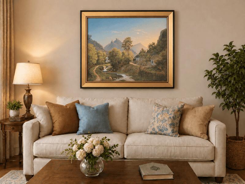 Peinture à l'huile de paysage - Vallée avec ruisseau, maisons et château