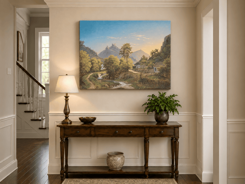 Peinture à l'huile de paysage - Vallée avec ruisseau, maisons et château