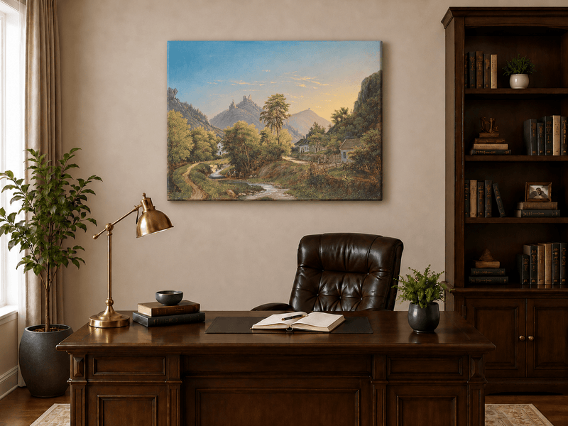 Peinture à l'huile de paysage - Vallée avec ruisseau, maisons et château