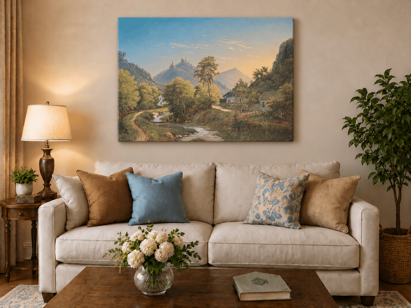 Peinture à l'huile de paysage - Vallée avec ruisseau, maisons et château