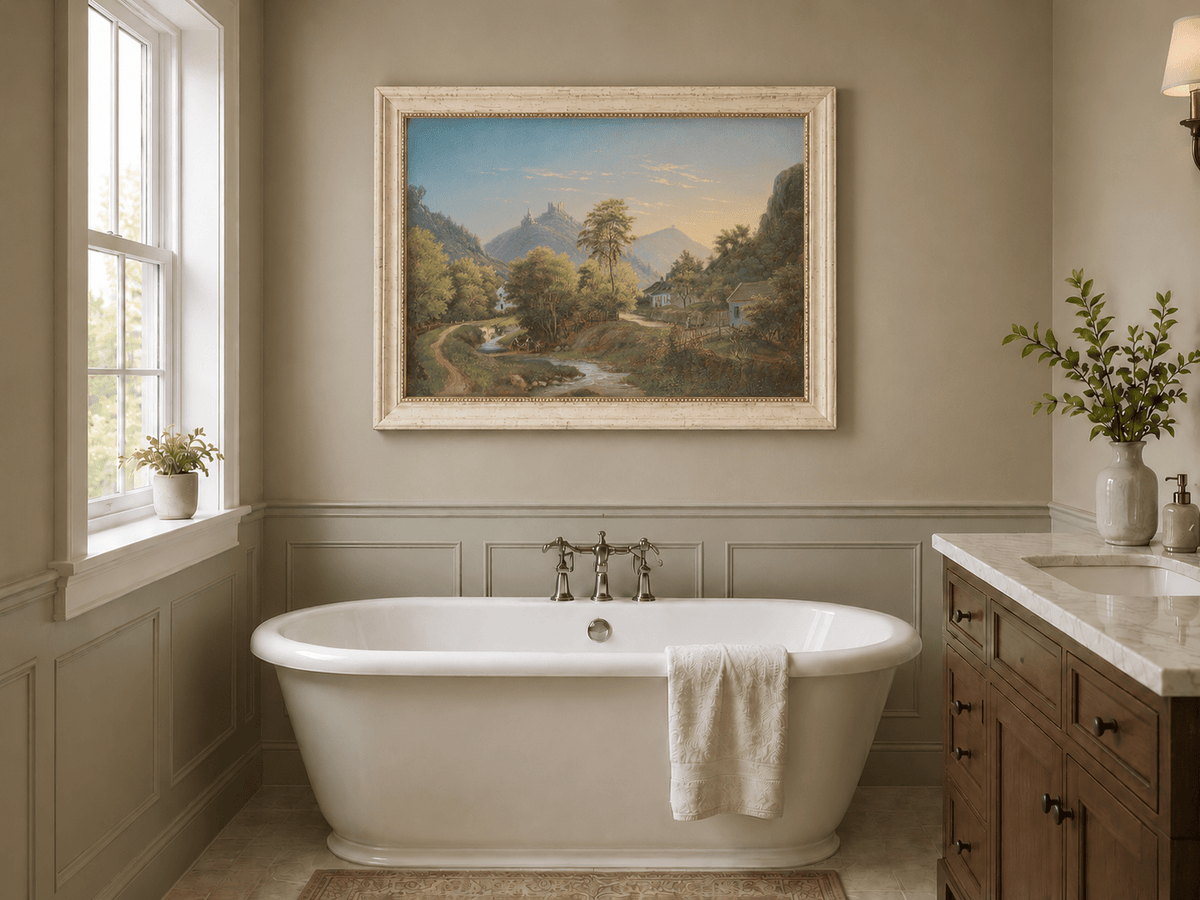 Peinture à l'huile de paysage - Vallée avec ruisseau, maisons et château