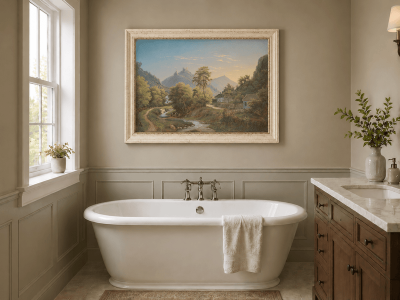 Peinture à l'huile de paysage - Vallée avec ruisseau, maisons et château
