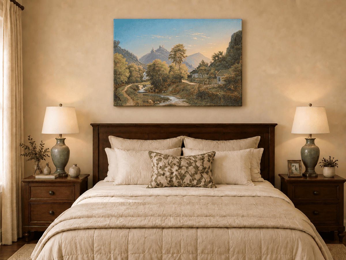 Peinture à l'huile de paysage - Vallée avec ruisseau, maisons et château