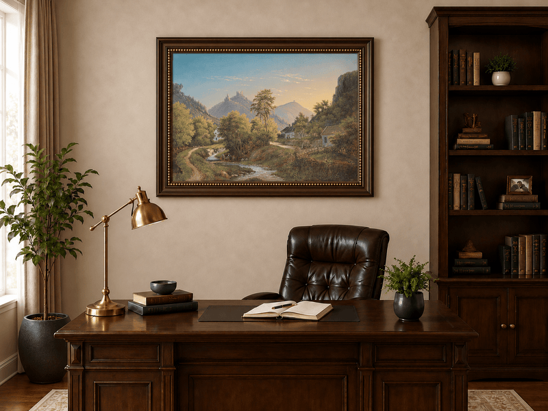 Peinture à l'huile de paysage - Vallée avec ruisseau, maisons et château