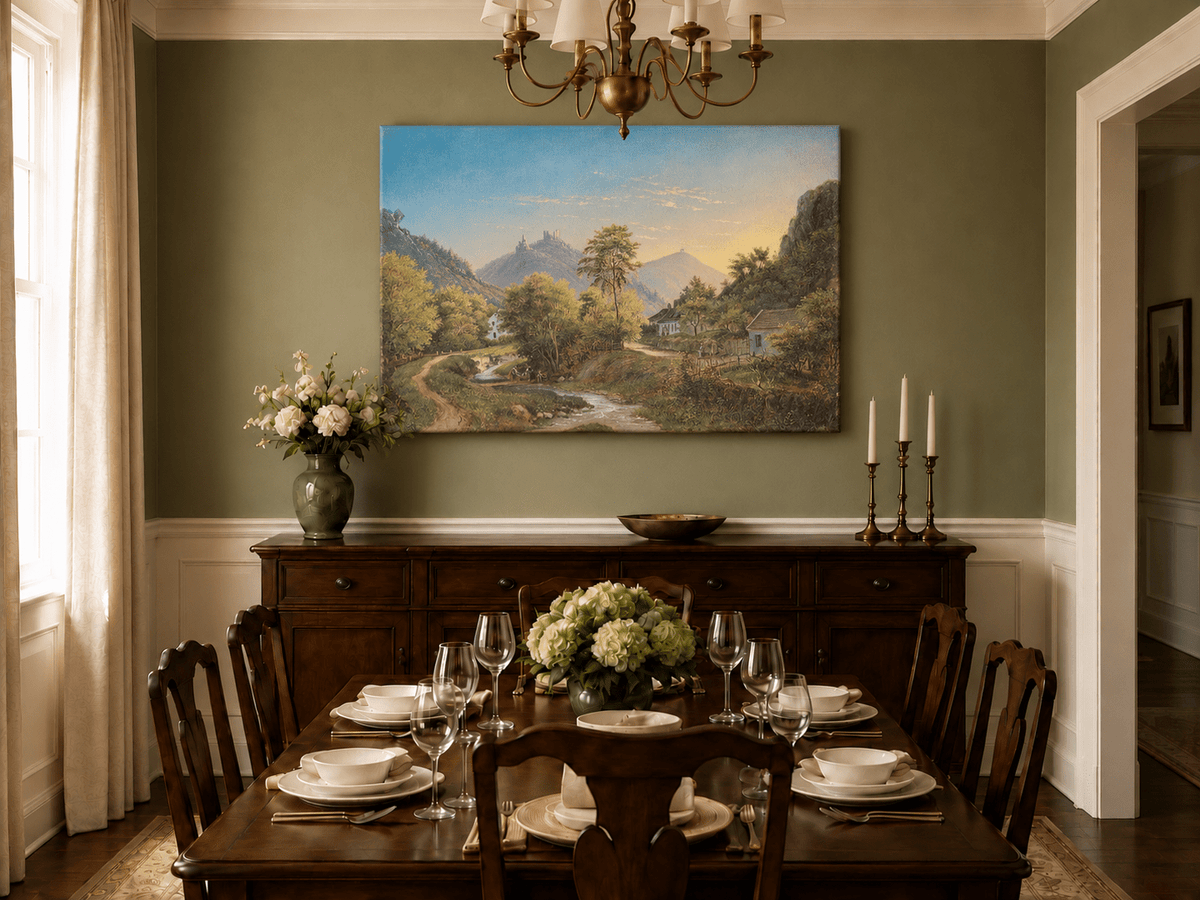 Peinture à l'huile de paysage - Vallée avec ruisseau, maisons et château