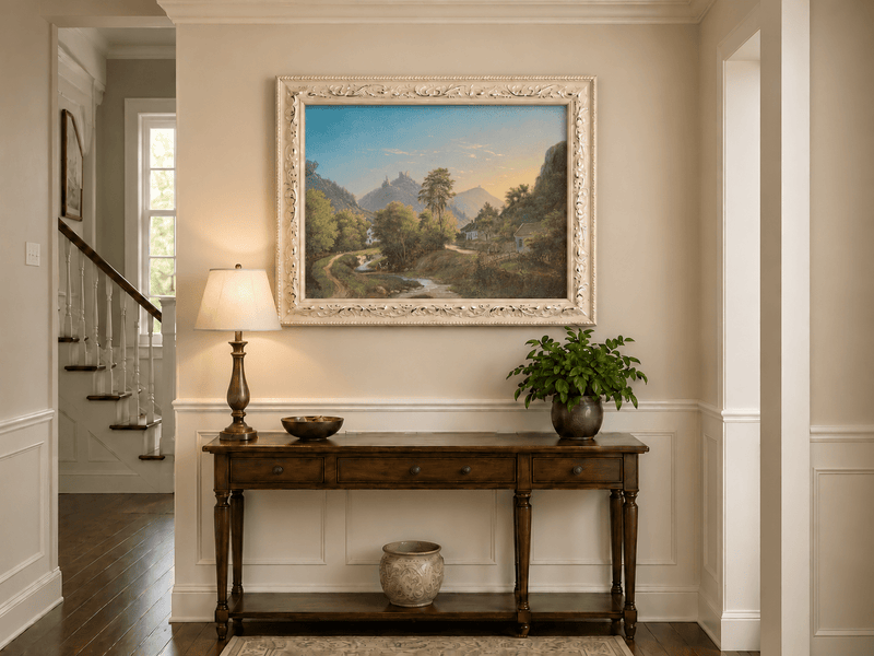 Peinture à l'huile de paysage - Vallée avec ruisseau, maisons et château