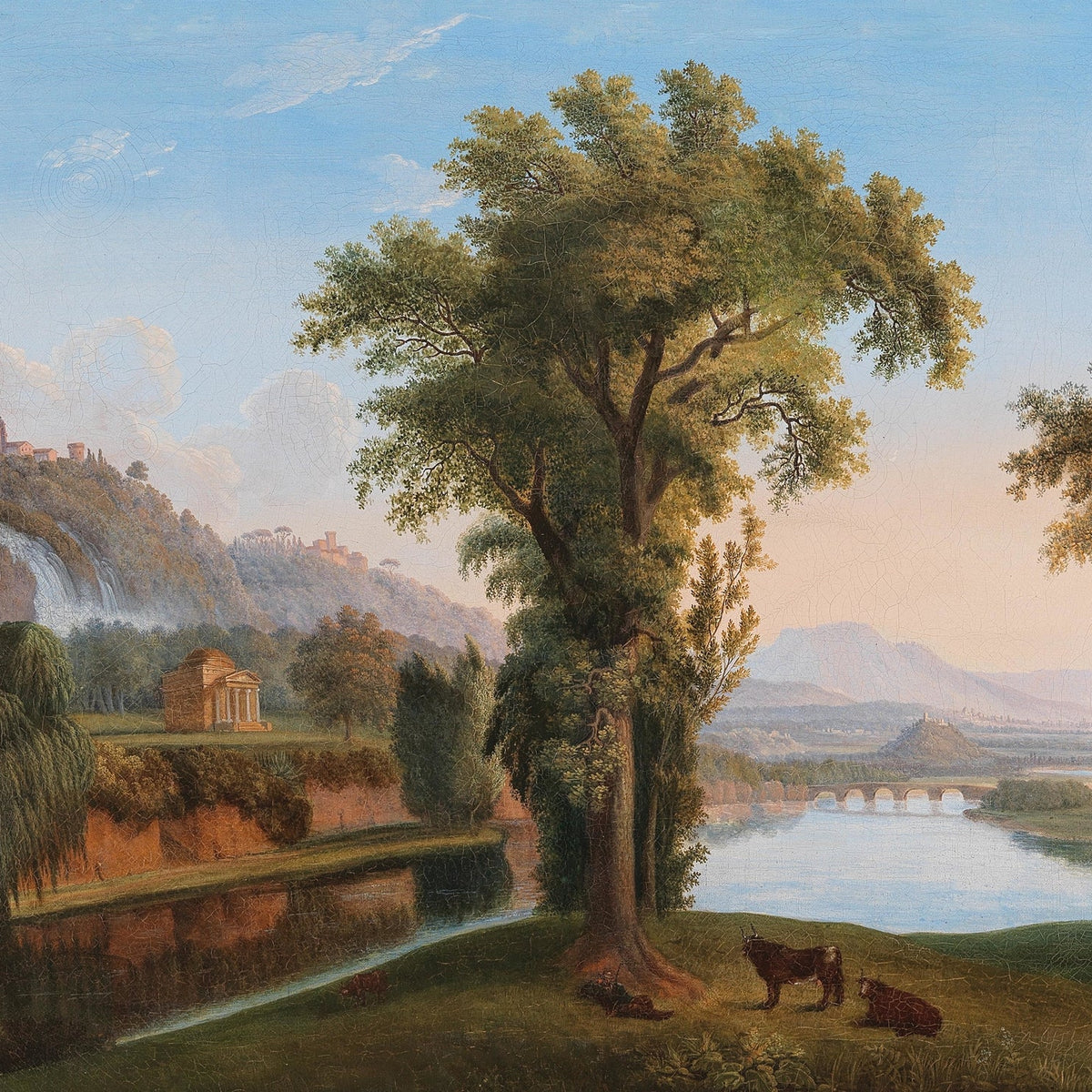 Landscape Oil Painting - valley with waterfall & temple grazing cattle - Oil Painting Haven