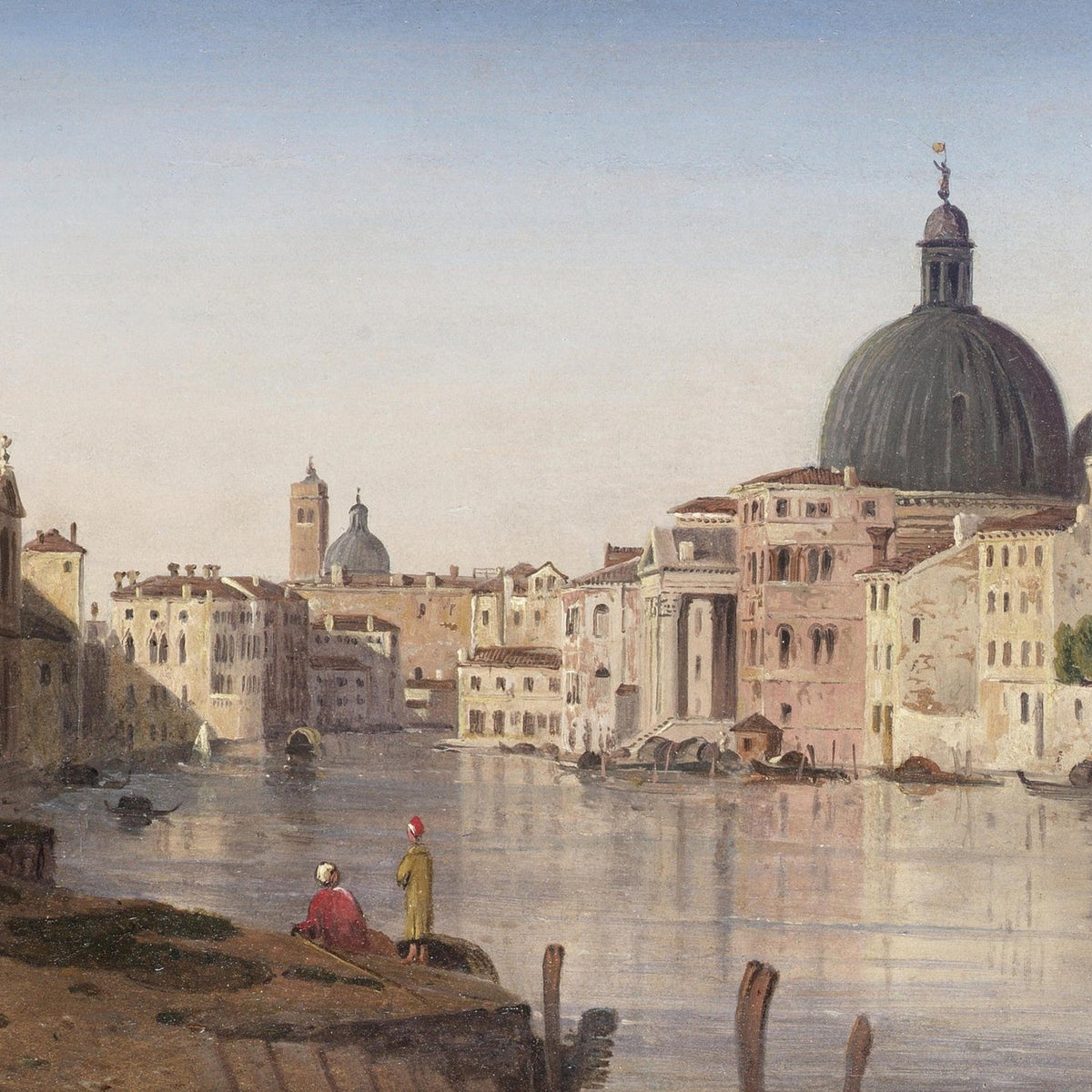 Hand-painted venetian canal and domed city view landscape oil painting on canvas