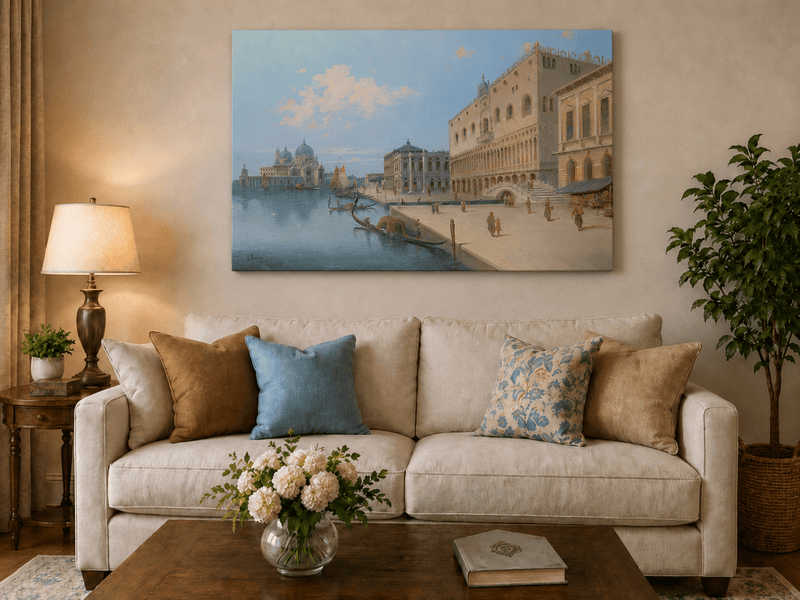 Landscape Oil Painting - Venetian Canal and Piazza with Gondolas
