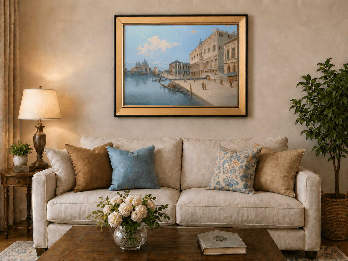Landscape Oil Painting - Venetian Canal and Piazza with Gondolas