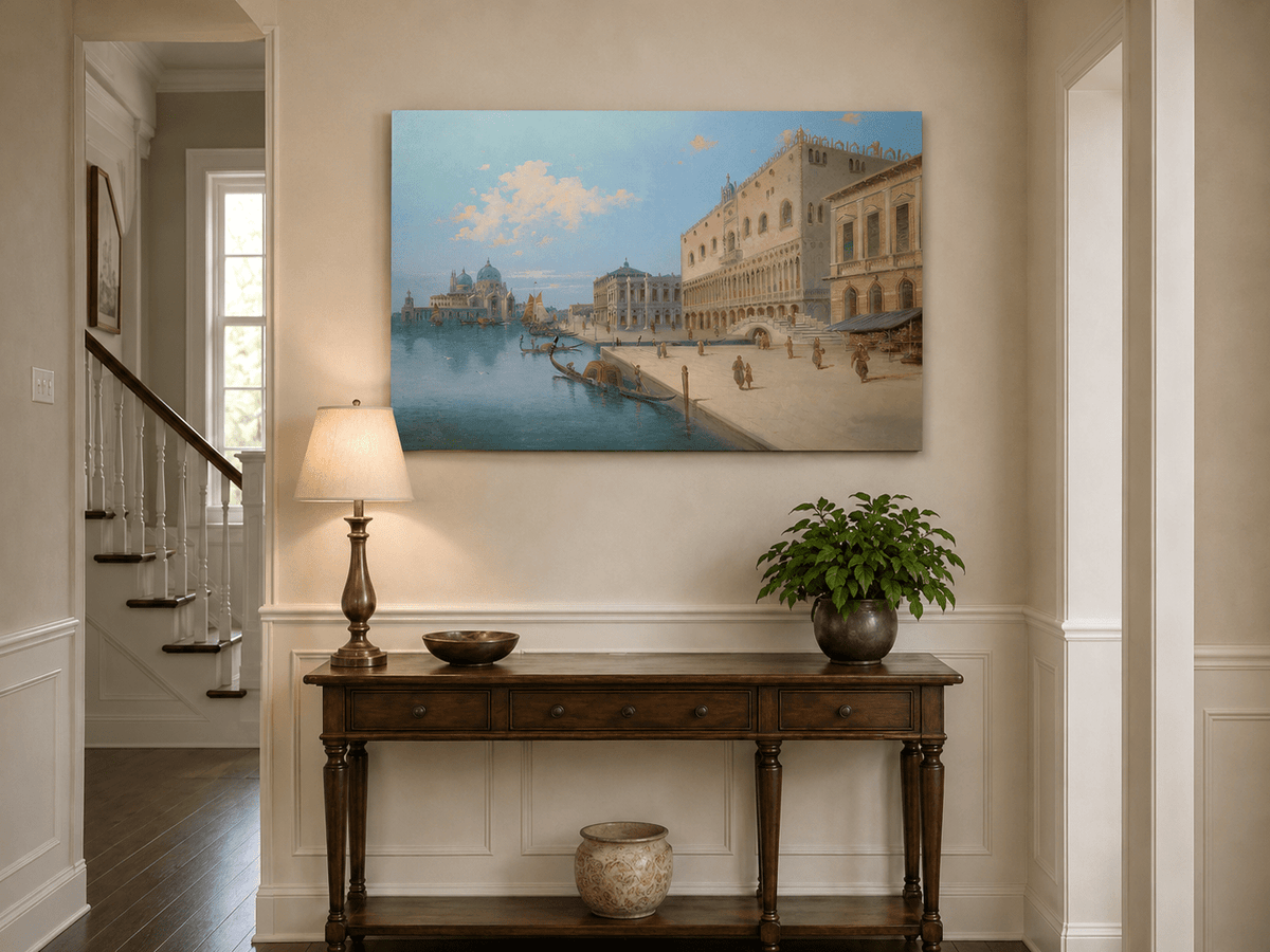 Landscape Oil Painting - Venetian Canal and Piazza with Gondolas