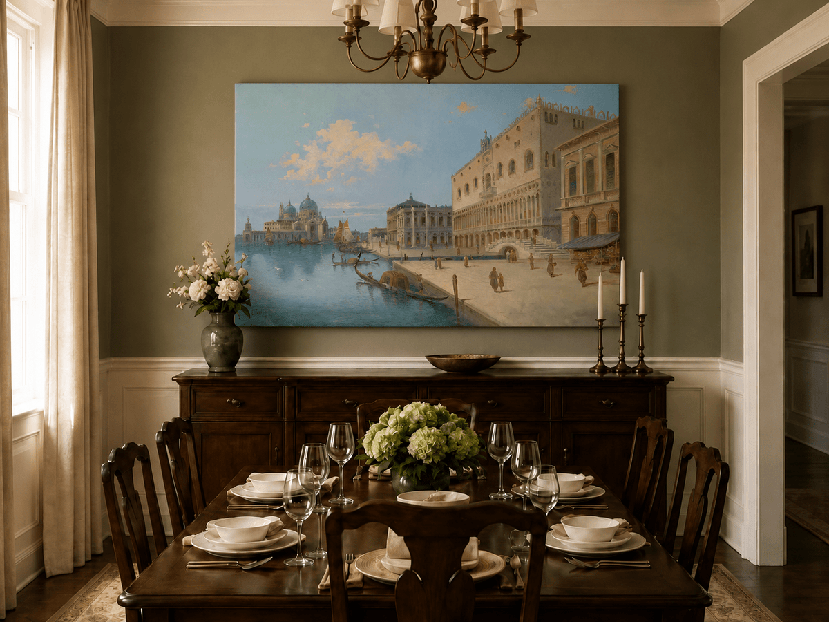 Landscape Oil Painting - Venetian Canal and Piazza with Gondolas