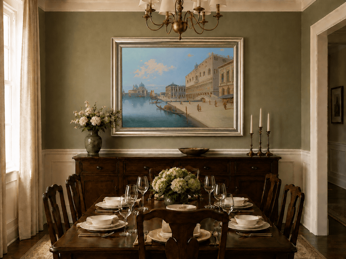 Landscape Oil Painting - Venetian Canal and Piazza with Gondolas