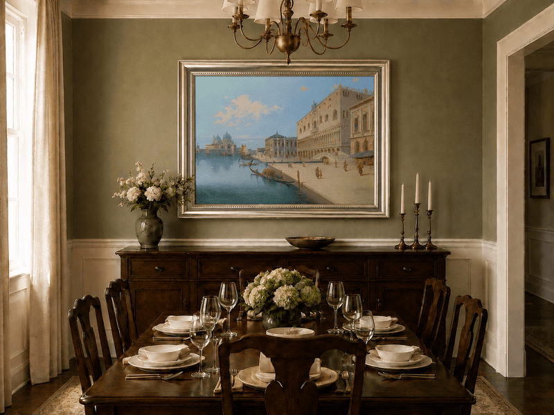 Landscape Oil Painting - Venetian Canal and Piazza with Gondolas