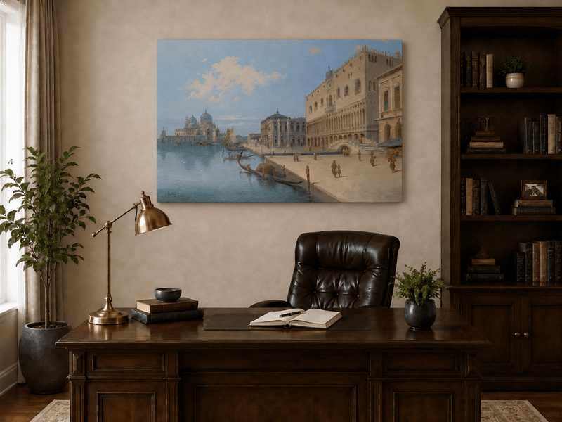 Landscape Oil Painting - Venetian Canal and Piazza with Gondolas