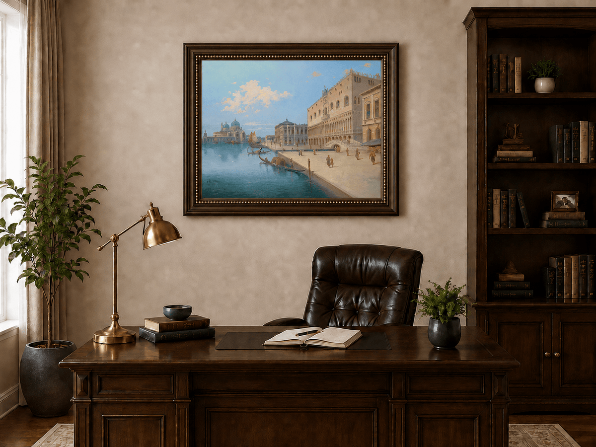 Landscape Oil Painting - Venetian Canal and Piazza with Gondolas