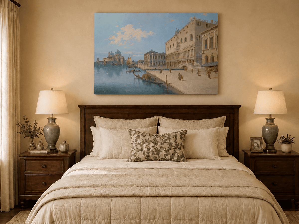 Landscape Oil Painting - Venetian Canal and Piazza with Gondolas