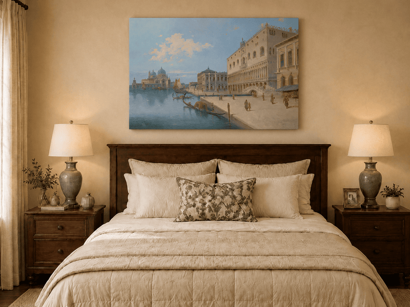Landscape Oil Painting - Venetian Canal and Piazza with Gondolas