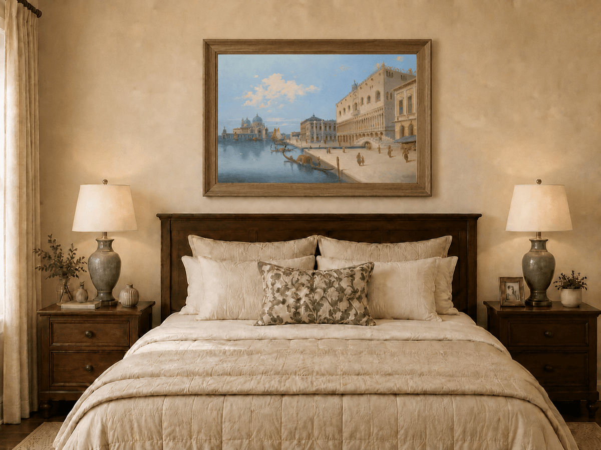 Landscape Oil Painting - Venetian Canal and Piazza with Gondolas