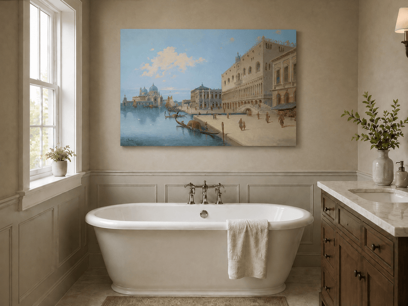 Landscape Oil Painting - Venetian Canal and Piazza with Gondolas