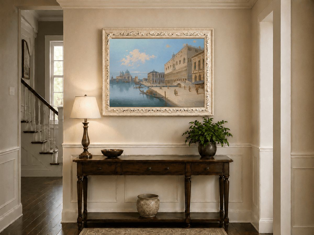 Landscape Oil Painting - Venetian Canal and Piazza with Gondolas