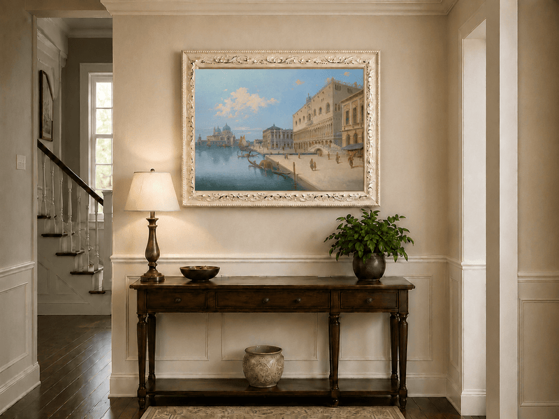Landscape Oil Painting - Venetian Canal and Piazza with Gondolas