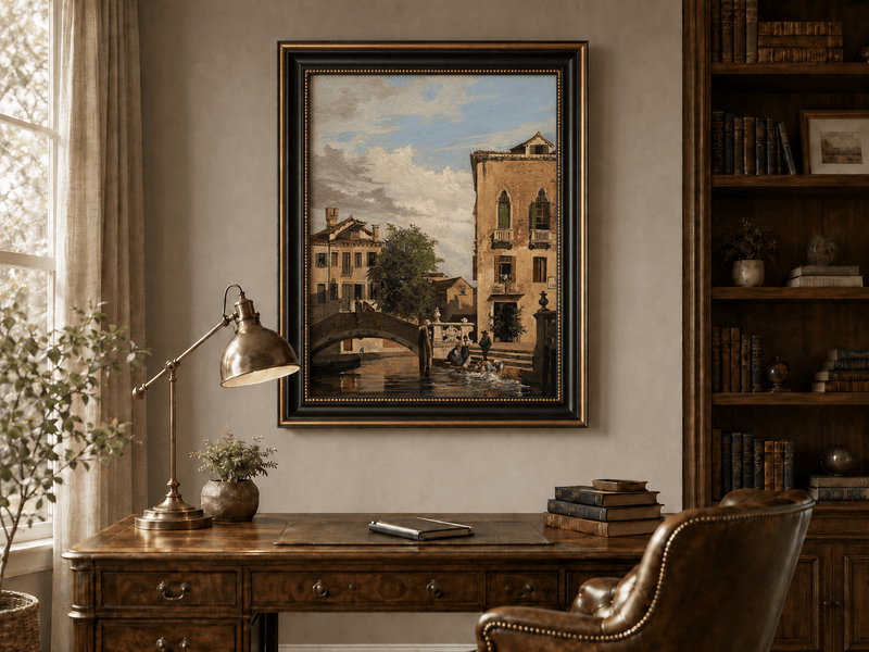 Landscape Oil Painting - Venetian Canal Bridge and Washday Scene