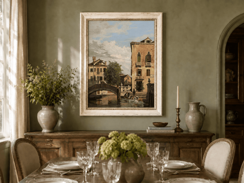 Landscape Oil Painting - Venetian Canal Bridge and Washday Scene
