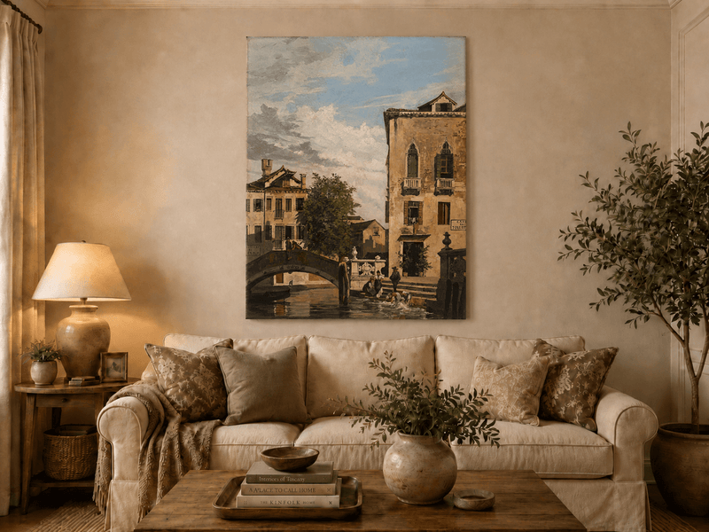 Landscape Oil Painting - Venetian Canal Bridge and Washday Scene