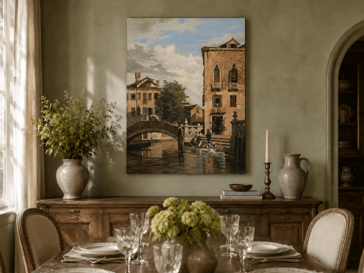 Landscape Oil Painting - Venetian Canal Bridge and Washday Scene