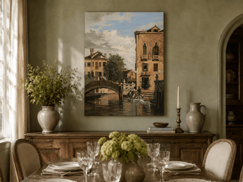 Landscape Oil Painting - Venetian Canal Bridge and Washday Scene