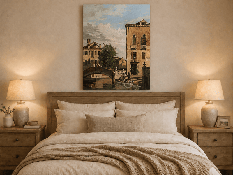 Landscape Oil Painting - Venetian Canal Bridge and Washday Scene