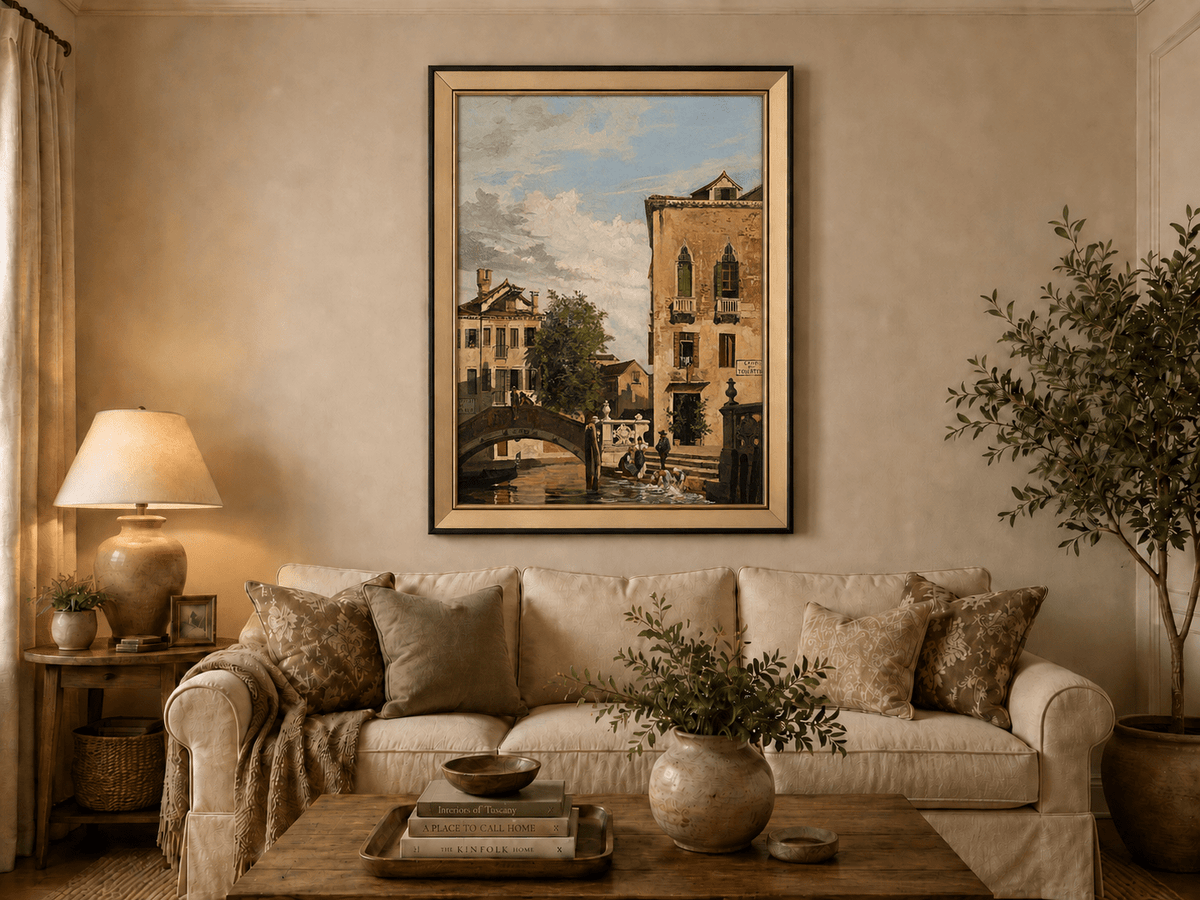 Landscape Oil Painting - Venetian Canal Bridge and Washday Scene