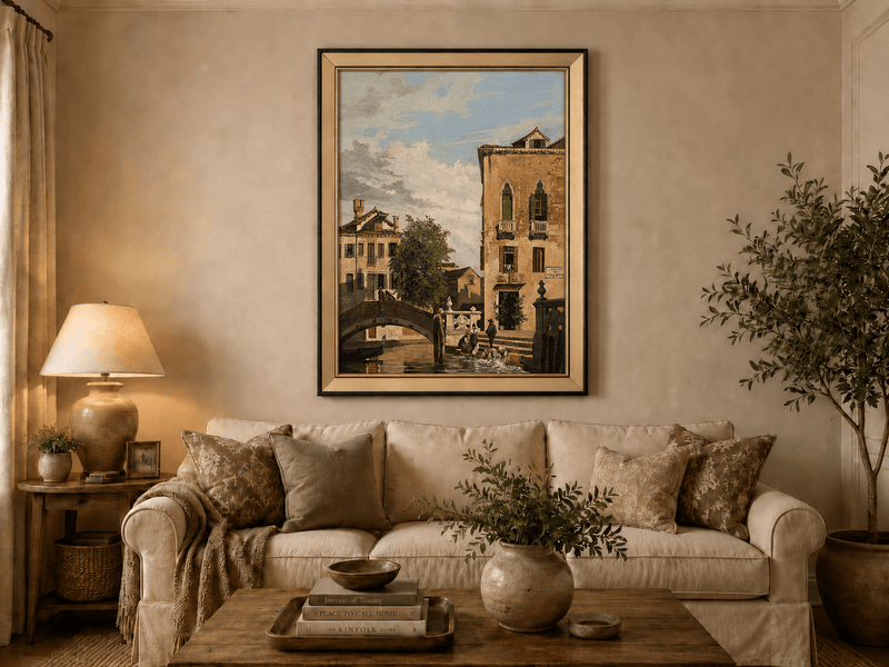 Landscape Oil Painting - Venetian Canal Bridge and Washday Scene