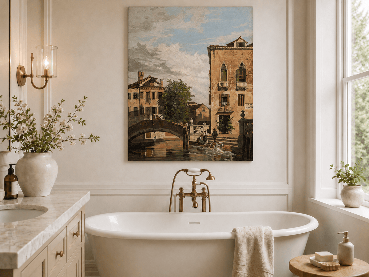 Landscape Oil Painting - Venetian Canal Bridge and Washday Scene