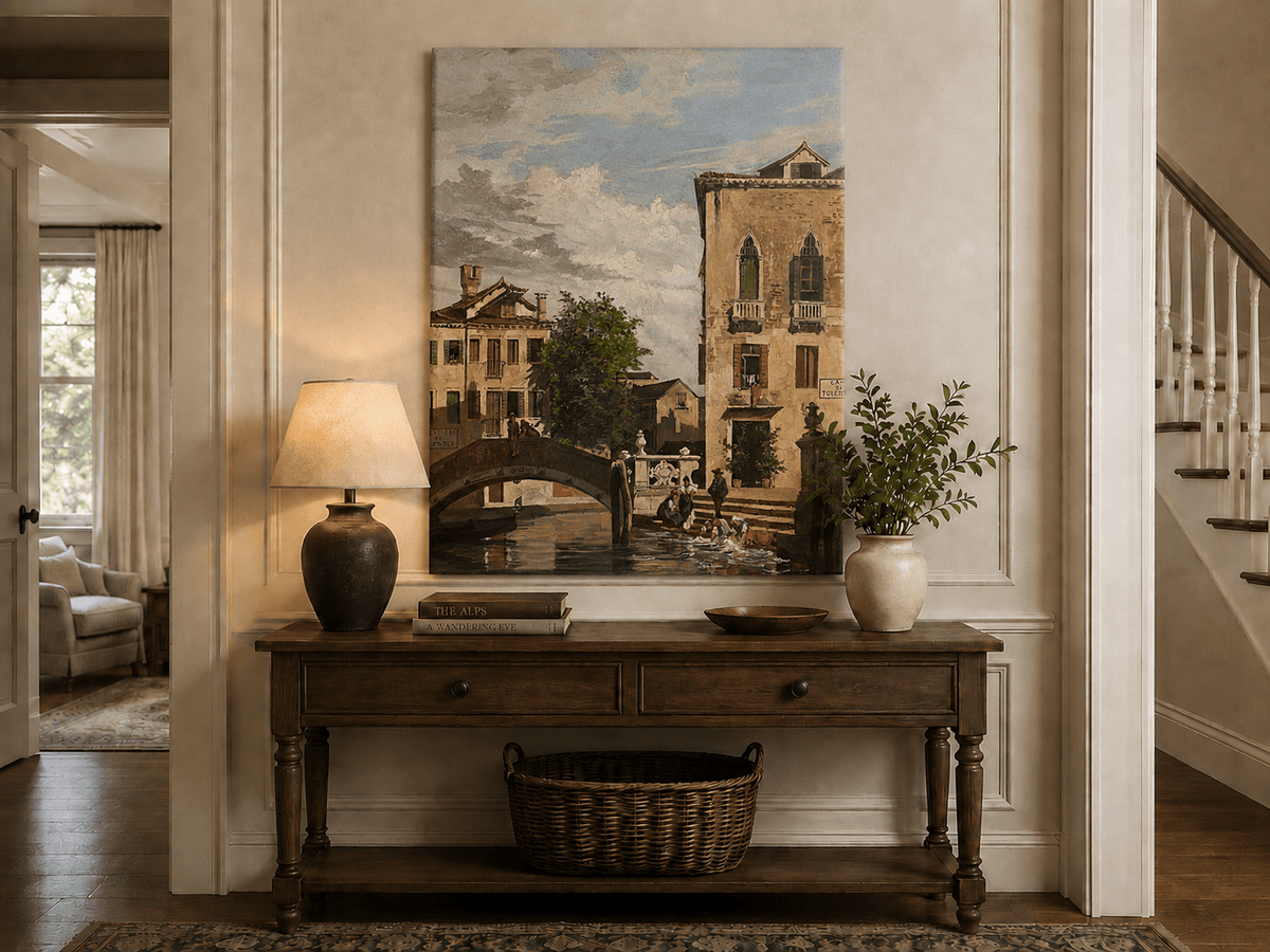 Landscape Oil Painting - Venetian Canal Bridge and Washday Scene